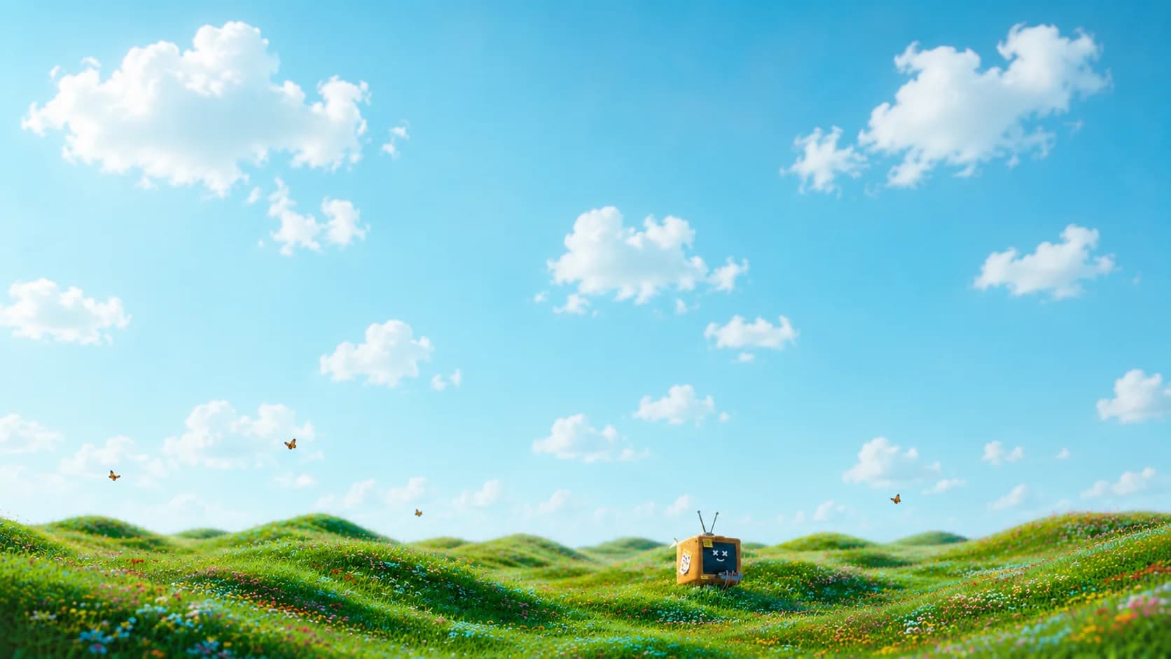 A friendly retro television robot resting in a blooming flower meadow under a blue sky